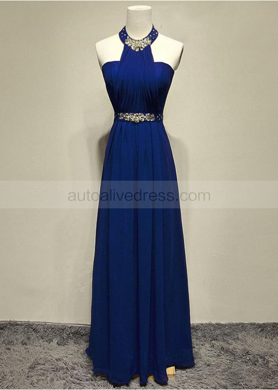 Beaded Halter Neck Navy Blue Chiffon Stunning Evening Dress
